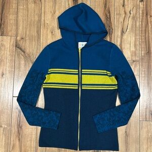 Title Nine Wool Blend Full Zip Hooded Sweater S Teal/Blue Stripe